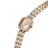 Reloj analógico Guess modelo Hazel con caja cuadrada de 25 mm y correa de eslabones tipo brazalete, todo en tono oro rosa. La esfera presenta un acabado sunray con detalles de cristales incrustados tanto en el bisel como en el interior de la esfera.