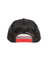 Gorra tipo trucker con visera curva, frente estampado con camuflaje y parche bordado de una pantera negra. Posee paneles traseros de malla negra y cierre ajustable.