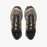 Championes de trail running Salomon modelo XT-6, color marrón con detalles en negro y acentos multicolores en la lengüeta. Presentan una estructura técnica con refuerzos laterales, sistema de cordones rápidos y suela con tecnología de agarre avanzado.