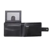 Billetera negra de cuero nobuk con costuras a tono y logo Rip Curl en relieve. Cuenta con ventana para DNI, compartimento para billetes, monedero con cierre, múltiples ranuras para tarjetas, protección RFID y cierre de botón a presión metálico.