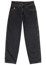 Pantalón de jean negro con lavado stonewash, corte baggy recto, tiro medio, bolsillos delanteros grandes con bordado.