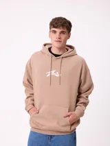 Canguro negro con capucha y cordones ajustables, bolsillo canguro frontal y logo de Rusty estampado en el pecho.