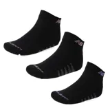 Pack de tres pares de medias deportivas cortas de color negro, con detalles de logo y líneas en tonos rosa y violeta.