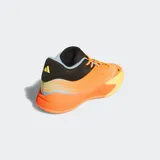 Championes de básquet Adidas Dame X, con diseño de líneas onduladas en tonos naranja y amarillo. Presenta cuello negro, cordones naranjas y suela de goma con tecnología de amortiguación Lightstrike.