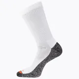 Medias altas blancas con talón y puntera grises jaspeadas, y detalles en naranja y negro con el logotipo de la marca.