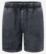 Bermuda de jean para hombre, color gris oscuro con efecto acid wash, cintura elástica con cordón de ajuste, bolsillos y tag aplicado.