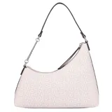 Cartera tipo hobo Guess modelo Eileen, color rosa claro con estampado monograma de la marca. Presenta un diseño asimétrico con cierre superior, asa de hombro combinada con cadena metálica y logo triangular metálico en el frente.
