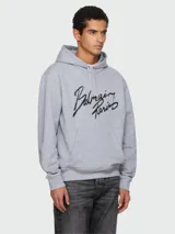 Buzo con capucha Balmain de corte holgado, confeccionado en algodón gris, con estampado frontal del logo de la marca en color negro.
