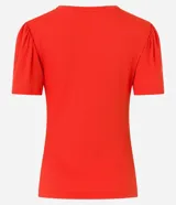 Blusa en viscosa acanalada color naranja, con escote en V, mangas cortas y detalle de pliegues en los hombros. Marca Marfinno.