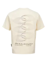 Remera color crema de algodón con cuello redondo y mangas cortas. Estampado en la espalda con diseño abstracto de círculos entrelazados y logo de la marca.