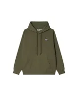 Buzo tipo hoodie de la marca Obey, color verde oliva, con capucha ajustable mediante cordones, bolsillo frontal tipo canguro y pequeño parche con logo en el pecho.