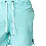 Short de baño Billabong de color turquesa, con cintura elástica y cordón ajustable blanco. Presenta bolsillos laterales y una pequeña etiqueta con el logo de la marca en el borde inferior izquierdo.