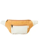 Riñonera de pana Rip Curl con diseño en bloques de color camel y blanco, compartimento principal con cierre y bolsillo frontal con cierre.