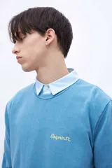 Buzo gris de felpa liviana con cuello redondo, mangas largas y puños ajustados. Tiene un bordado pequeño en el pecho y un diseño estampado en la espalda.