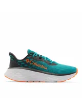 Championes de trail running Columbia Konos Elevate Techlite, en color verde turquesa con entresuela blanca con detalles geométricos y marca en color naranja.