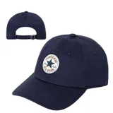 Gorro tipo baseball de la marca Converse, color azul marino, con parche circular bordado en el frente que incluye el logo clásico de la marca.