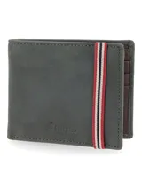 Billetera de cuero nobuk color gris oscuro con detalle de banda elástica tricolor vertical y logo de la marca grabado en la parte frontal.