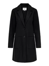 Blazer largo de corte recto y estilo minimalista, con cuello solapa, cierre frontal de dos botones y dos bolsillos frontales de parche.