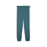 Pantalón de jogging Puma color verde esmeralda, con franjas laterales blancas y logo de la marca bordado en la pierna. Presenta puños elásticos en los tobillos y bolsillos laterales.