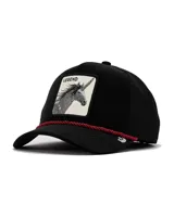 Gorra trucker negra Goorin Bros con red trasera, visera curva con cordón rojo decorativo y parche frontal con diseño de unicornio y la palabra "Legend".