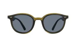 Lentes de sol redondos con marco de acetato color verde oliva y lentes grises.