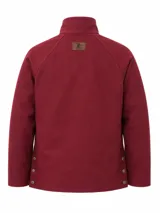 Campera tipo encerada de corte clásico para hombre, en color bordó, con cuello alto, cierre frontal con botones a presión metálicos y solapa, bolsillos frontales superiores ribeteados y bolsillos inferiores grandes con solapa y botón.