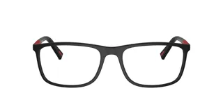 Armazón de lentes Prada Sport 03Q, de diseño rectangular y color negro mate con detalles en rojo en las patillas.