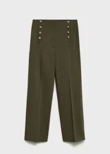 Pantalón de tiro medio y corte recto estilo crop, confeccionado en tejido mezcla de algodón. Presenta un diseño con doble hilera de botones decorativos efecto joya en la parte frontal, bolsillos laterales y cierre oculto con cremallera y gancho.