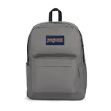 Mochila Jansport gris con logo en azul y bolsillo frontal con cierre.