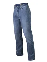 Pantalón jeans de corte clásico y tiro medio, con diseño de cinco bolsillos y cierre frontal con botón y cremallera.