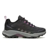 Championes de trekking Merrell modelo Speed Strike 2, color negro con detalles en gris y violeta. Presentan una parte superior de malla y material sintético, entresuela de espuma EVA para mayor estabilidad y suela de goma con tracción duradera.
