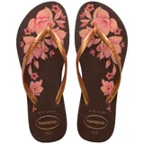Sandalias Havaianas Slim Organic de color marrón café, con diseño estampado de flores en tonos rosados y tiras finas metalizadas de color dorado.