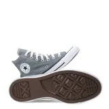 Championes de lona Converse modelo Chuck Taylor All Star Hi, de caña alta en color gris, con puntera de goma blanca, cordones blancos y suela de goma con franja negra.