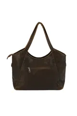 Cartera tipo tote de cuero sintético color negro, con cierre superior, doble asa de hombro y detalle de correas laterales ajustables con hebillas metálicas.