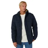 Campera azul marino con capucha forrada en sherpa, cierre frontal con botones, dos bolsillos en el pecho con solapa y logo de Rip Curl en parche de cuero sintético.