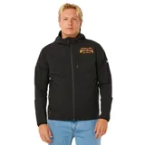 Campera rompevientos negra con capucha ajustable, cierre frontal completo y bolsillos laterales con cierre. Presenta un estampado gráfico en el pecho con la inscripción Rip Curl Pro Bells Beach Australia y puños elásticos.