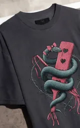 Remera de algodón color gris oscuro con efecto lavado, de corte holgado y manga corta. Presenta una estampa frontal detallada que muestra una serpiente entrelazada alrededor de una paleta de madera con corazones, rodeada por un diseño de alambre de púas.