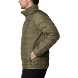 Campera puffer Columbia modelo Delta Ridge II Down Heat Seal, color verde militar, con cuello alto, cierre frontal completo y bolsillos laterales con cierre. Presenta diseño acolchado sin costuras con patrón termosellado.