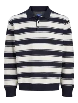 Polo tejido de manga larga con ajuste holgado, diseño a rayas horizontales en azul marino y blanco, cuello tipo polo con cierre de tres botones y puños acanalados.