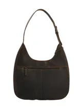 Cartera hobo de cuero color marrón, con diseño grabado de hojas en la parte inferior, asa ajustable y cierre superior.