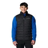 Chaleco acolchado de plumón Columbia, color negro, con cierre frontal completo, cuello alto y bolsillos laterales con cierre. Presenta tecnología HeatSeal™ de construcción sellada térmicamente y forro termorreflectante Omni-Heat™.