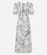 Vestido midi de viscosa y lino con estampado de hojas, escote corazón, mangas cortas abullonadas y recortes cut-out.