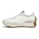 Championes New Balance 327 de diseño retro, color blanco y beige con la emblemática letra "N" en granate, suela de goma con tapones y entresuela de EVA.