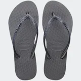 Ojotas Havaianas modelo Slim Flatform Sparkle, color gris oscuro. La suela es gruesa (flatform) y la planta tiene textura de granos de arroz. Las tiras son finas y están cubiertas de purpurina gris.