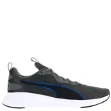 Championes de running Puma modelo Run Incinerate, confeccionados en malla técnica transpirable color gris oscuro con detalles en negro y líneas en azul eléctrico. Presentan entresuela blanca de amortiguación y suela de goma resistente.