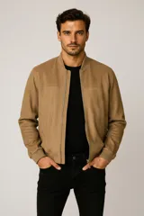 Campera tipo bomber de gamuza sintética en color negro, con cierre frontal metálico, cuello mao y puños y ruedo acanalados.