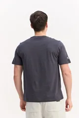 Remera de manga corta color gris topo, con cuello redondo y estampa frontal de estilo urbano con texto en tono claro.