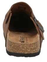 Zuecos de cuero marrón RKF, modelo Rowan, con diseño cerrado en la parte delantera, tira ajustable con hebilla metálica y suela de corcho con base de goma.
