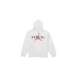 Hoodie Supreme x Jordan de color gris claro, con capucha, bolsillo canguro y diseño estampado en la espalda que combina el logotipo Jumpman en rojo con la tipografía de Supreme en negro.