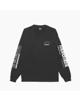 Remera negra de manga larga con cuello redondo. Estampado frontal con el logo de Obey y la frase "movement". Estampado en las mangas con las palabras "subliminal advancement" y "perpetual persistent movement".